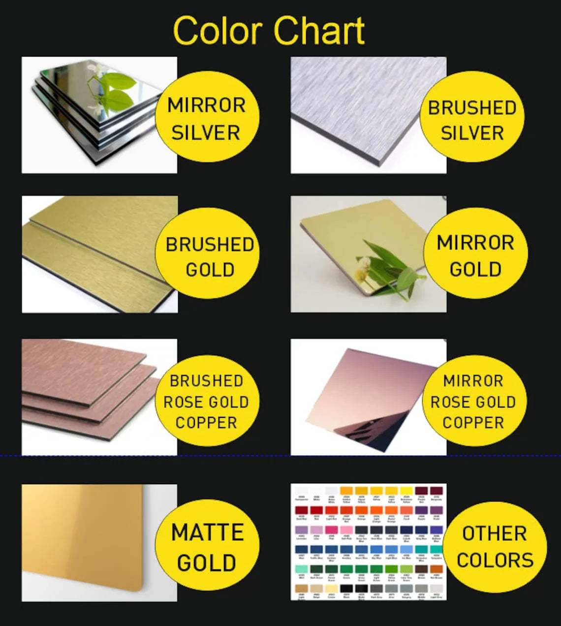 Business sign color chart with mirror silver, brushed silver, gold, copper, and more samples.