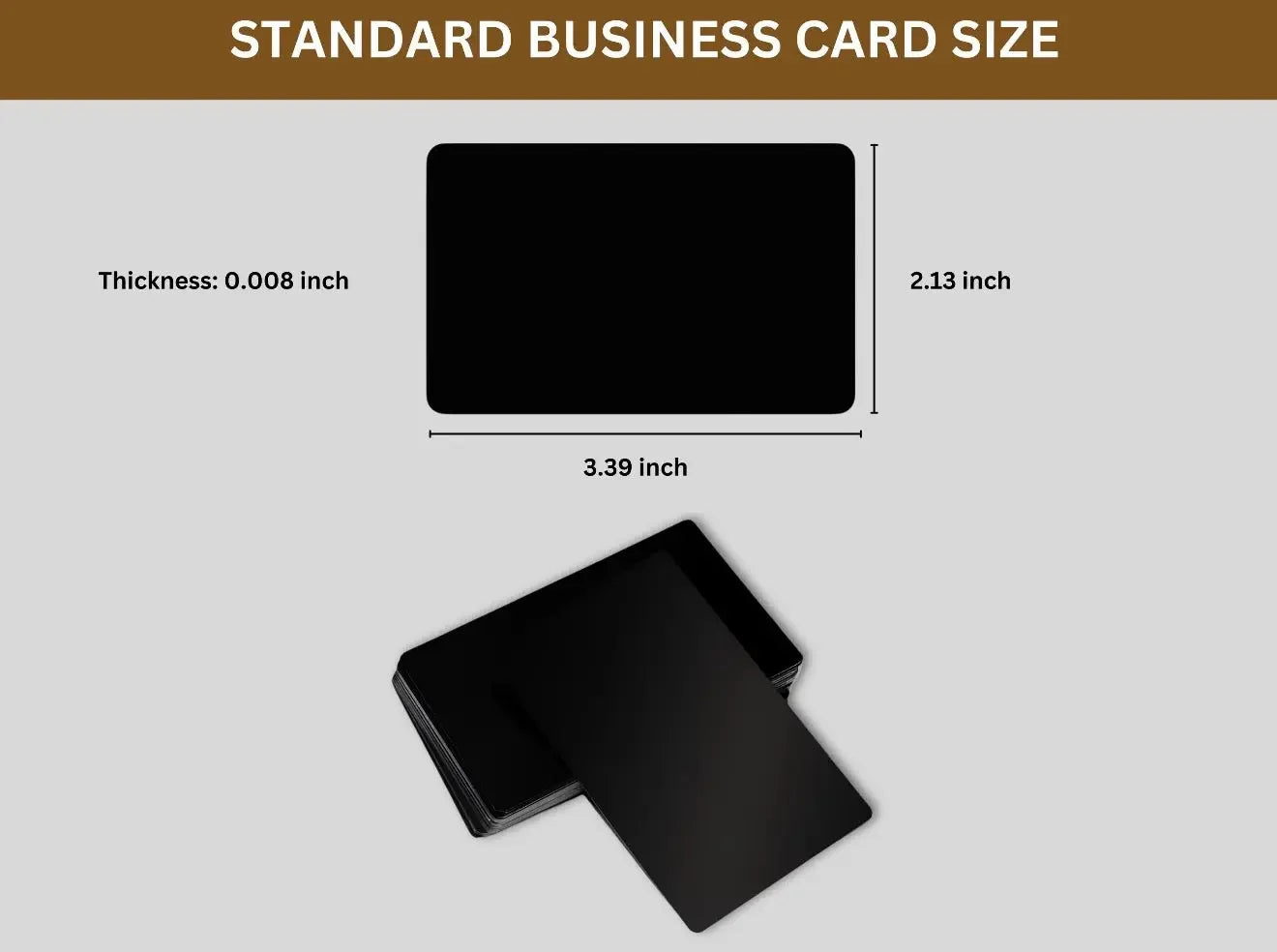 Standard business card size chart with black card, 3.39 x 2.13 inches, 0.008 inch thick