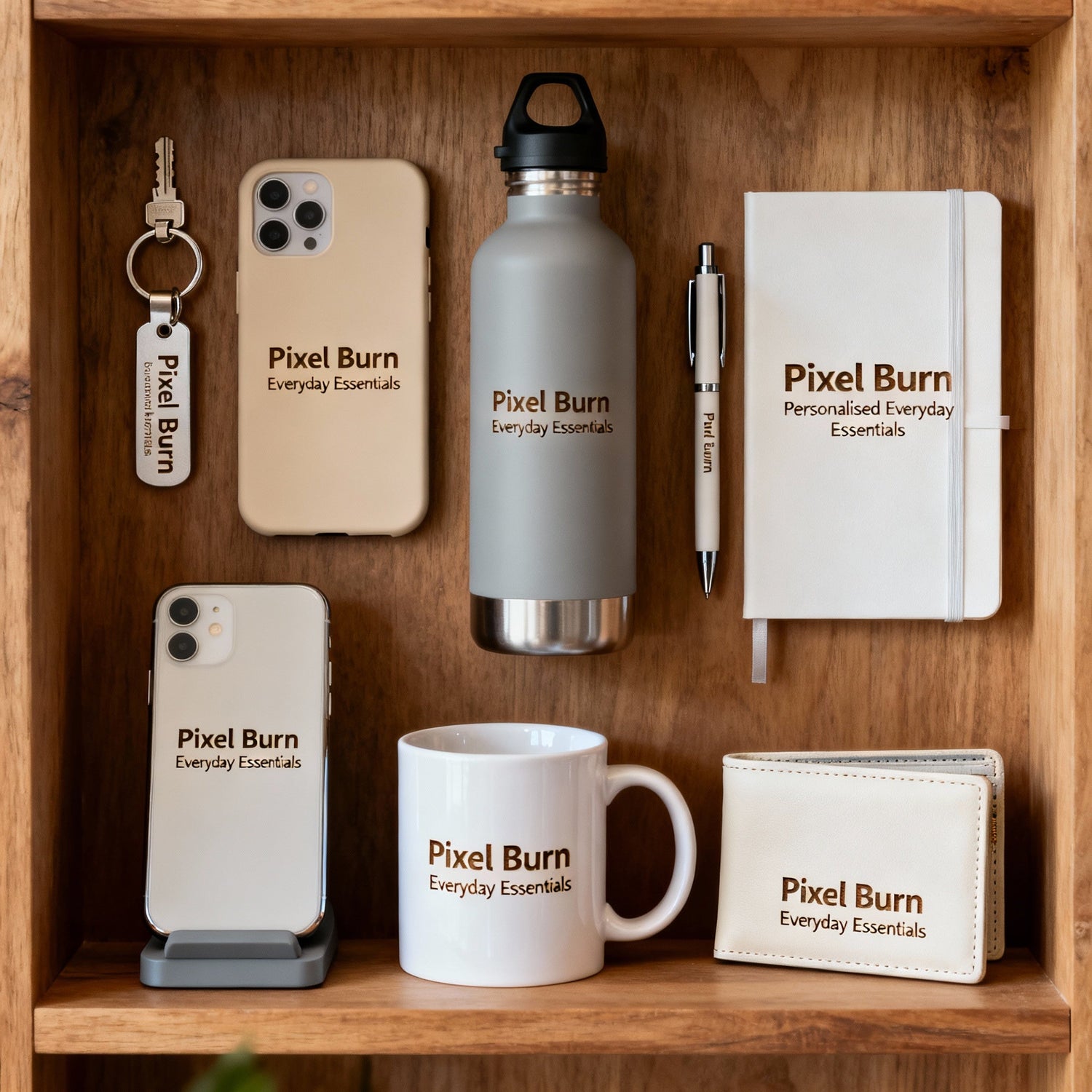 Everyday accessories collage featuring personalized keychains, wallets, phone cases, mugs, and gifts.