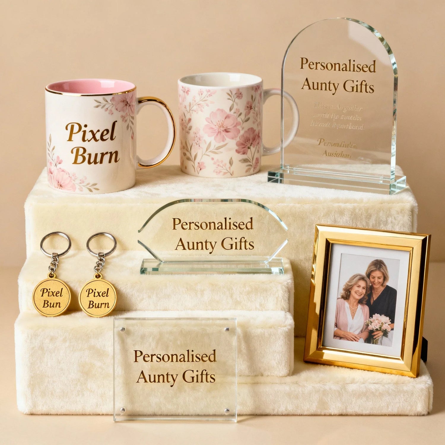 Personalised aunty gifts display with floral mugs, glass plaques, keyrings, and photo frame
