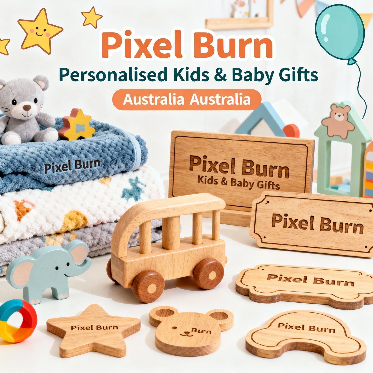 Kids Collection banner with wood name plaques, birth signs, tooth fairy boxes, and custom baby keepsakes on a blue checkered background.