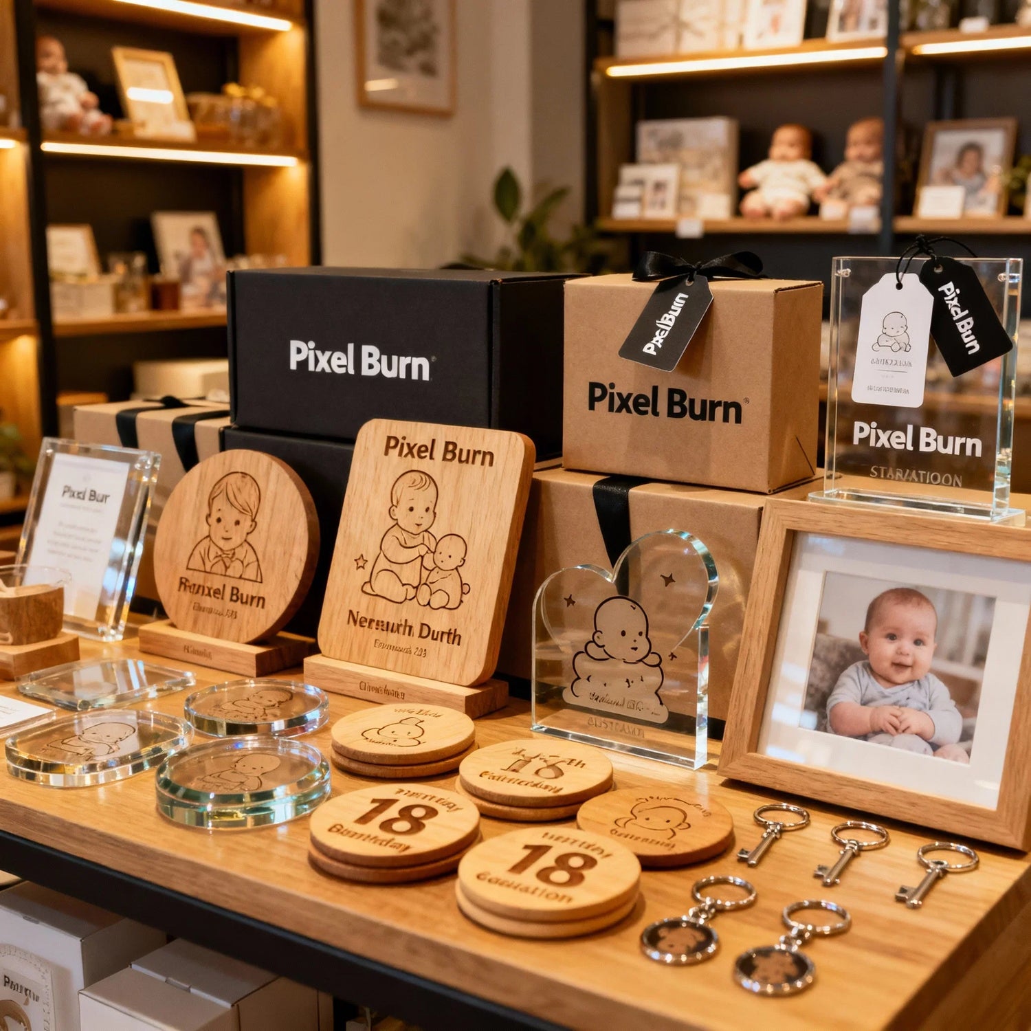 Personalized baby gift display with engraved wooden plaques, coasters, and photo frame