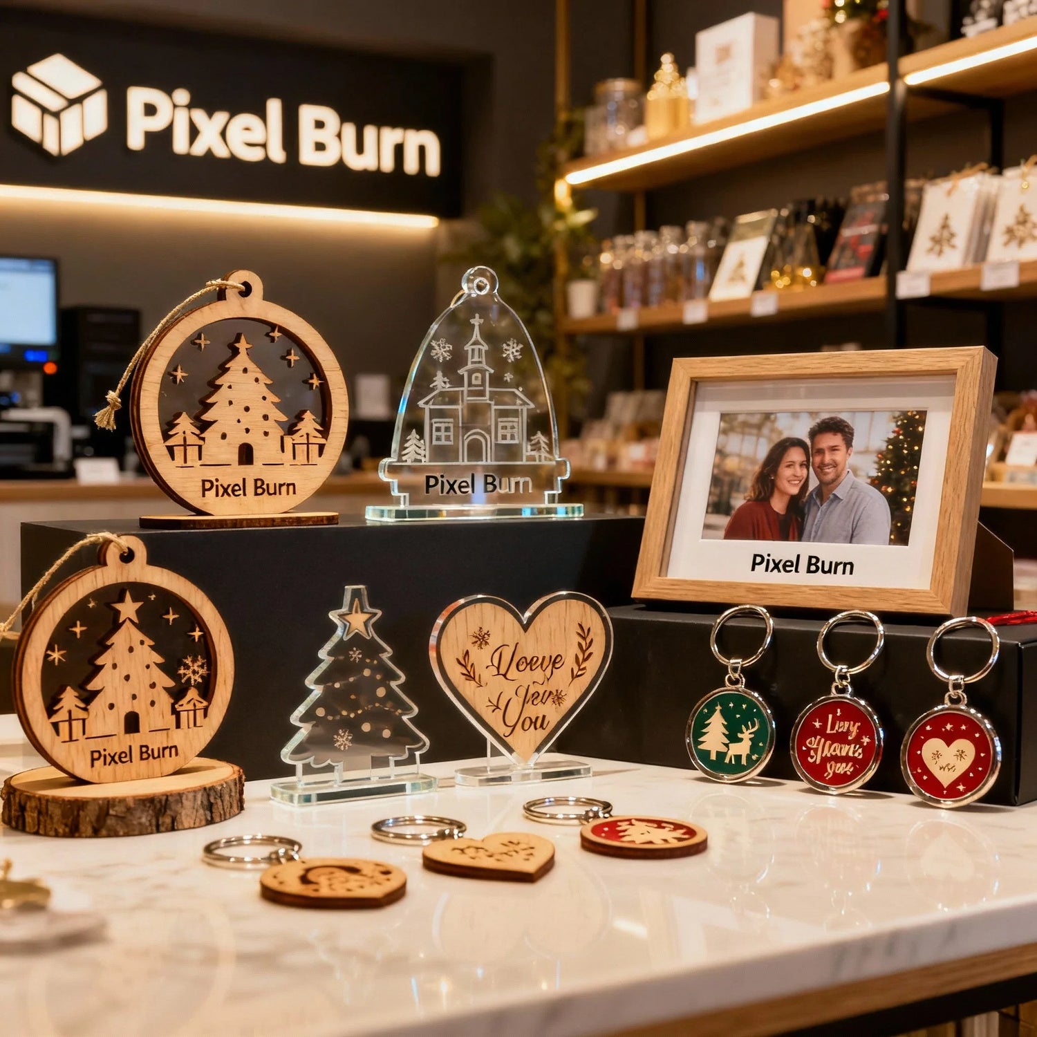 Pixel Burn wooden ornaments, acrylic decor, photo frame and keychains on display in store
