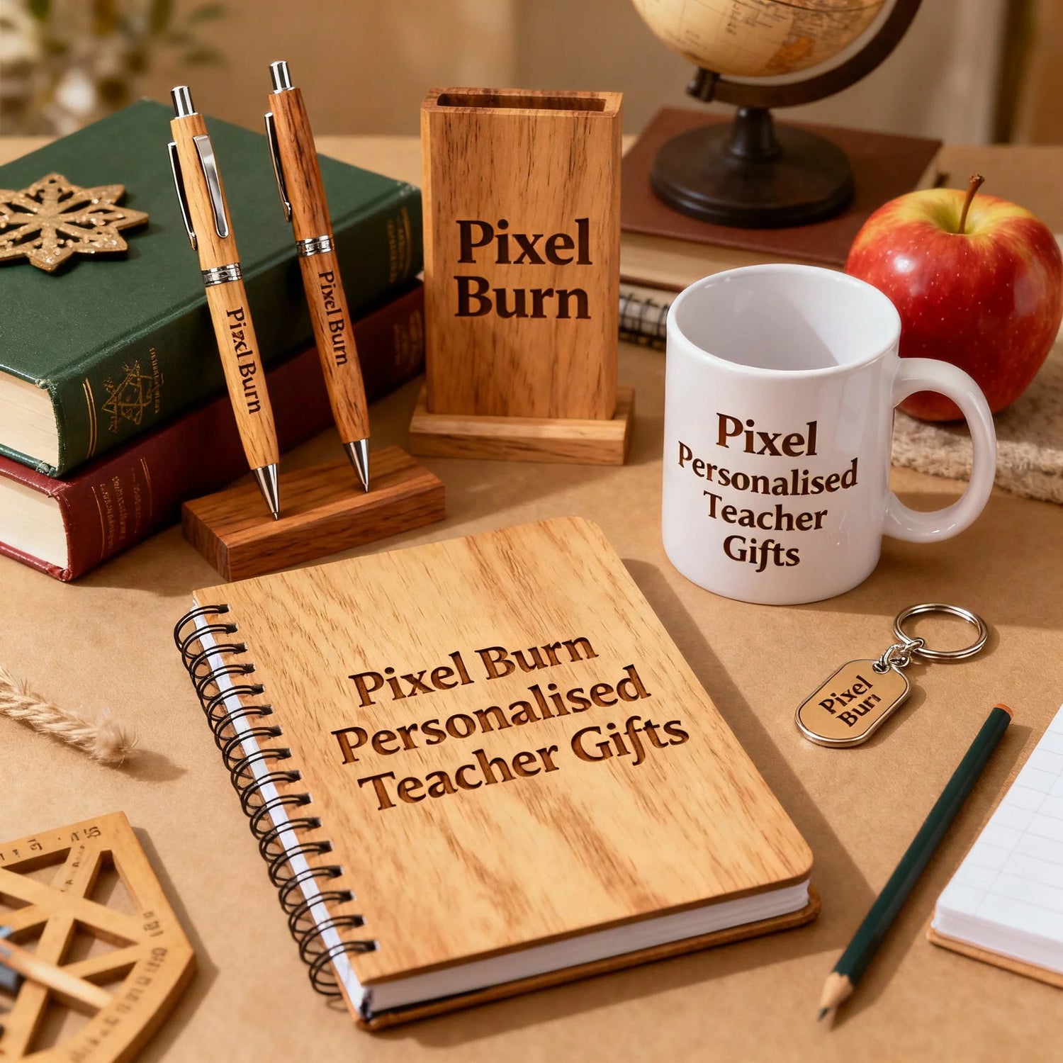 Personalised teacher gifts set with wood notebook, pens, mug, and keyring by Pixel Burn