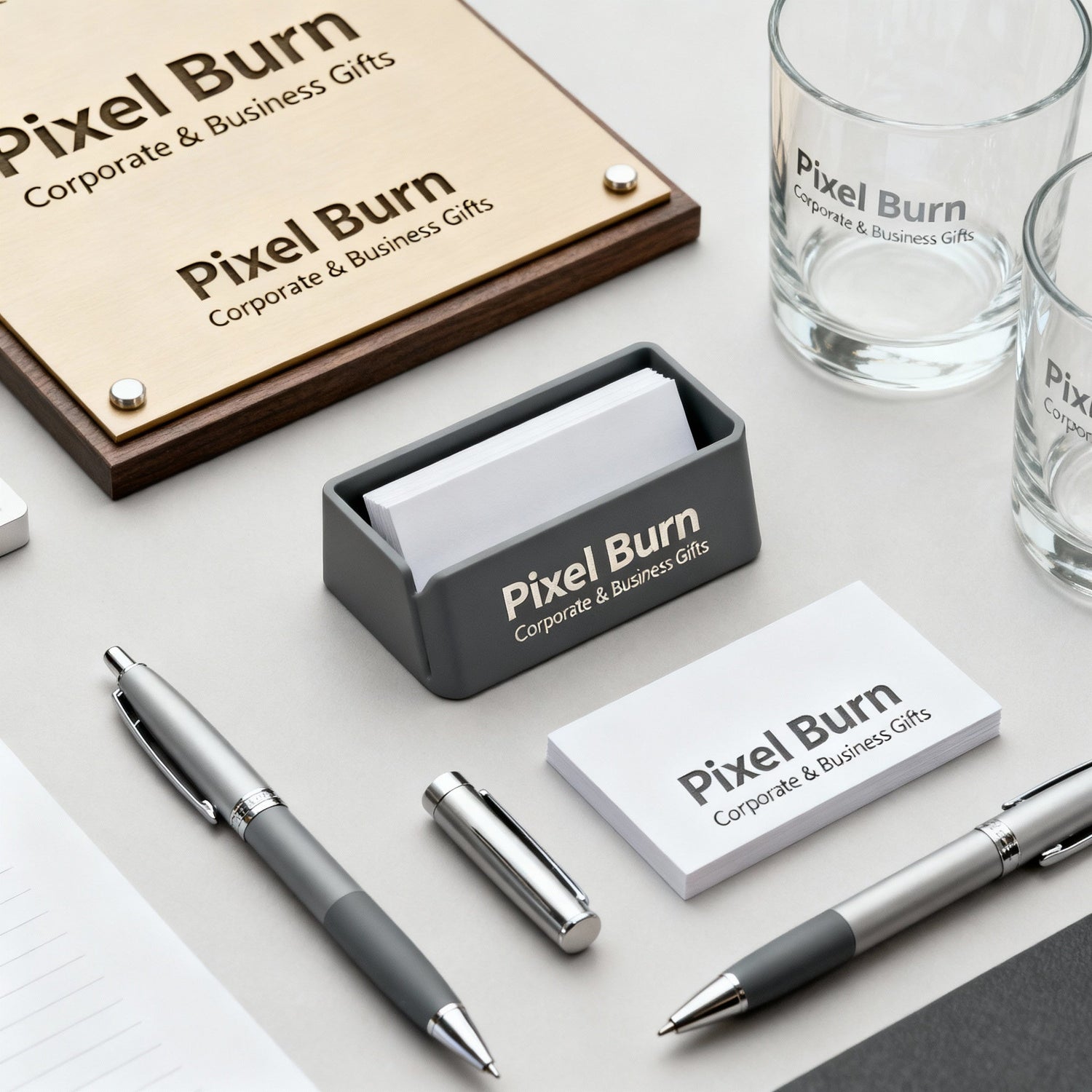 Corporate laser engraving range with engraved metal signs, business cards, and wall logos.