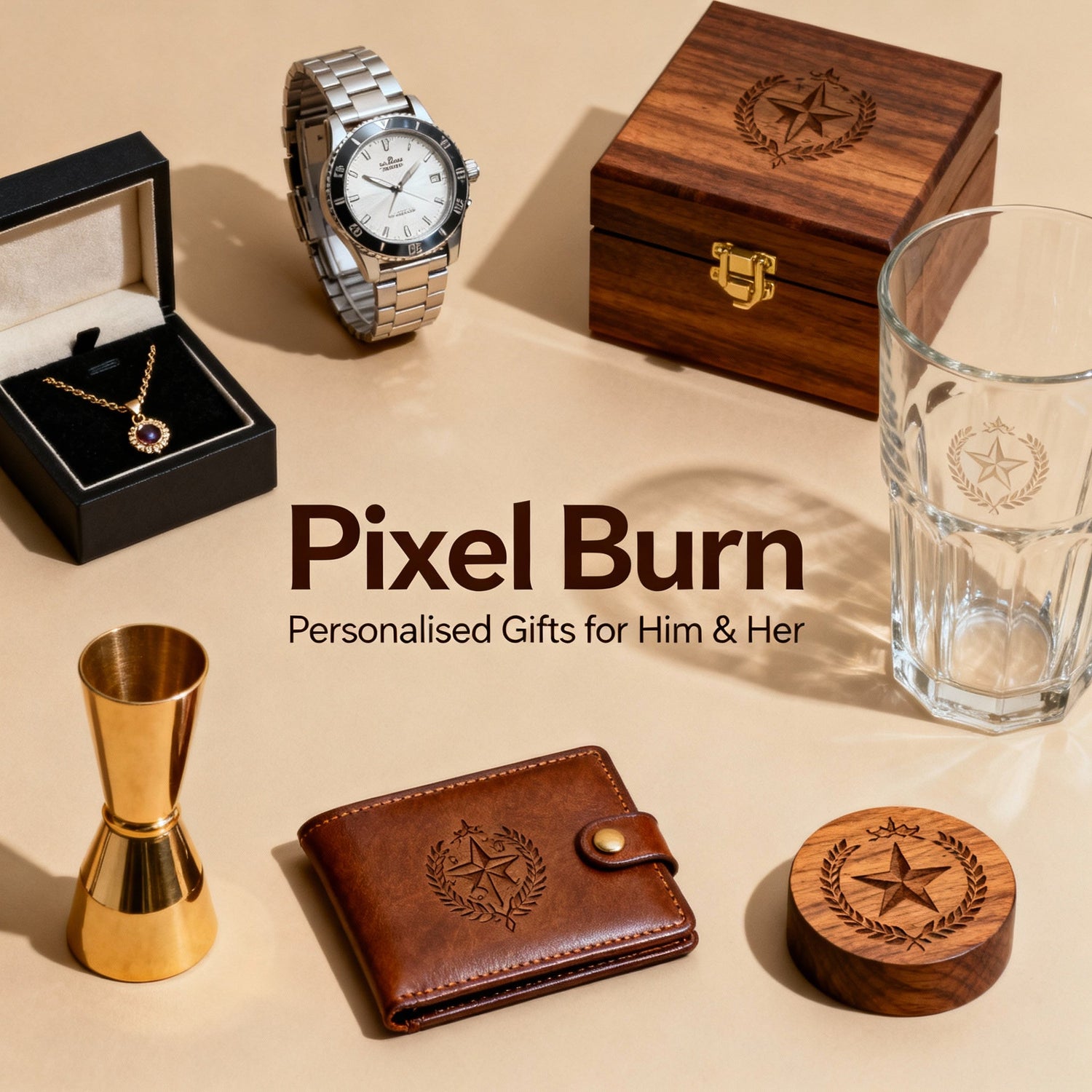 Wooden engraved effect background with floral design, 'Gifts for Him & Her' text, Pixel Burn logo