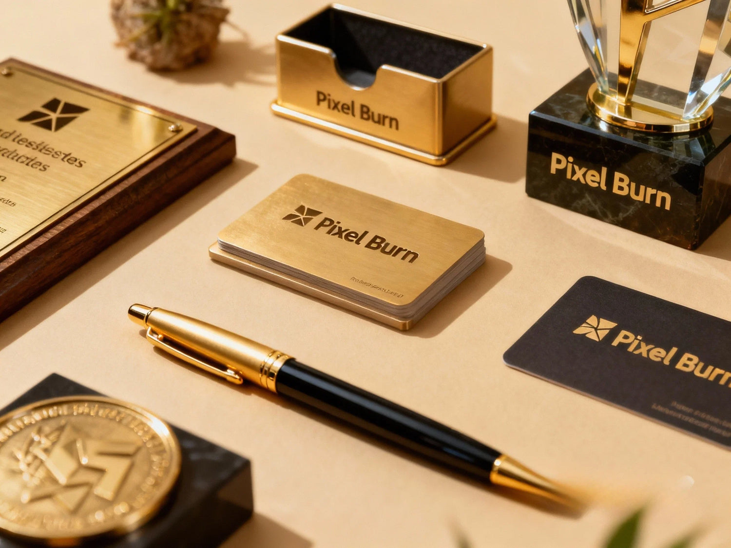 Gold and black office decor with branded Pixel Burn plaques, business cards, and pen