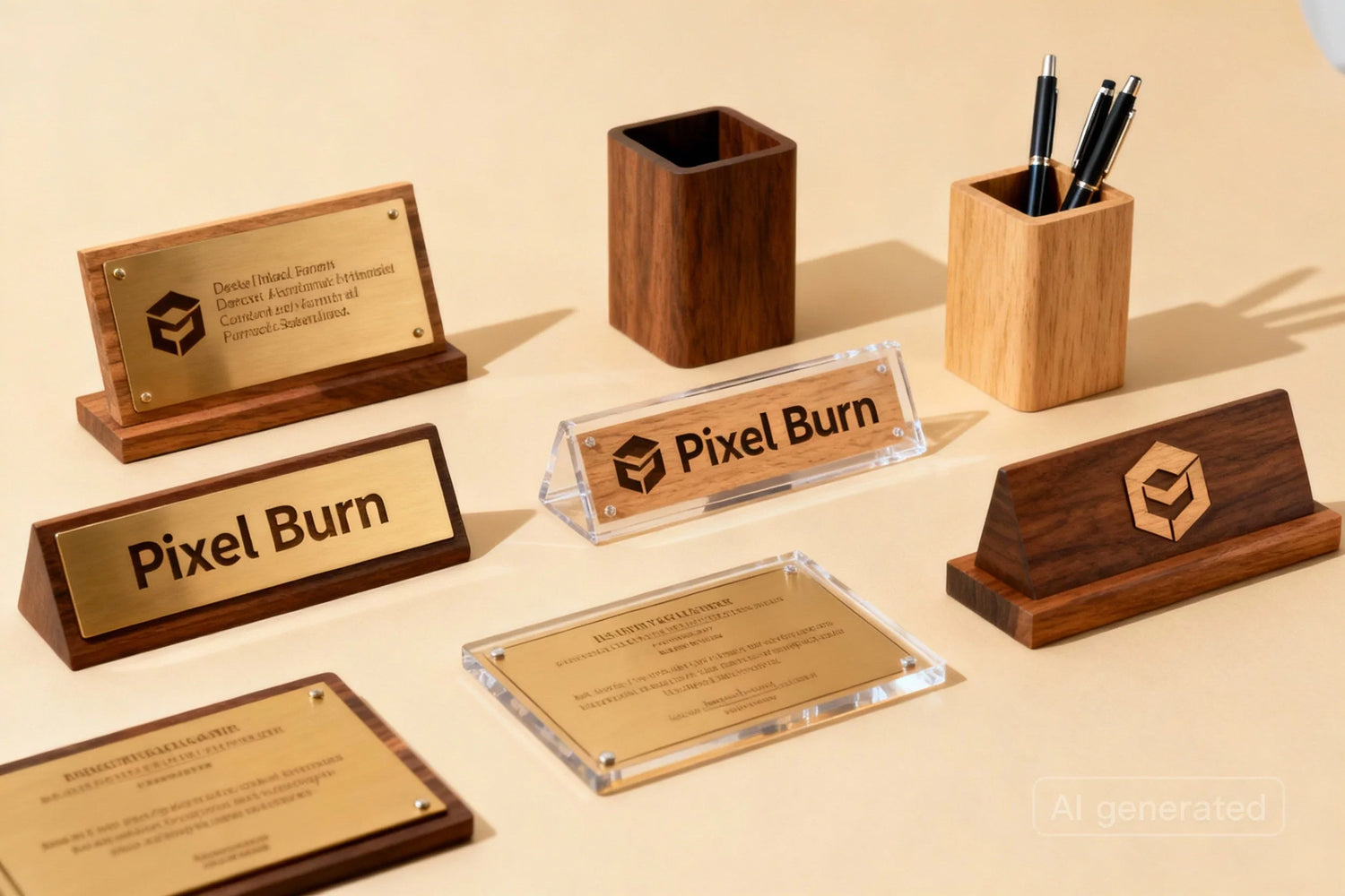 Wooden office decor set with engraved name plates, pen holders, and plaques on a beige desk.