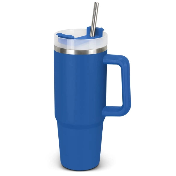 Blue insulated mug with handle and straw on a white background