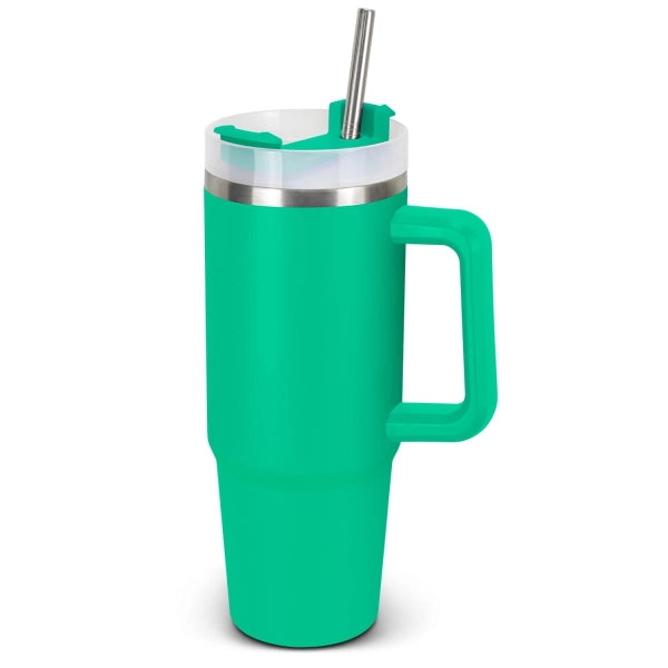 Turquoise mug with handle and metal straw on a white background