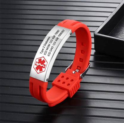 Red medical alert ID bracelet for Type 2 Diabetes with emergency contact info engraved.