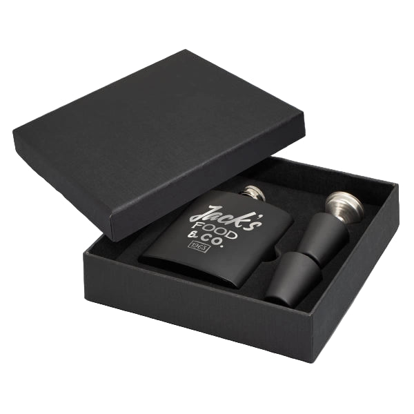 Black flask and black box with gift box 