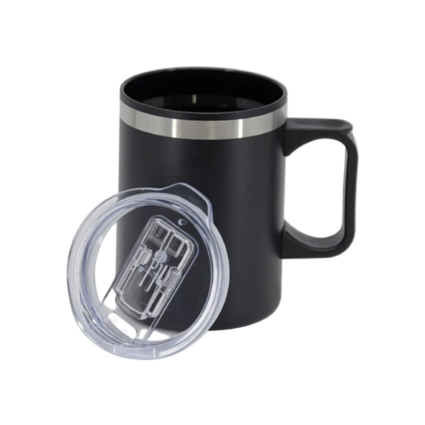 Black insulated mug with a clear lid on a white background