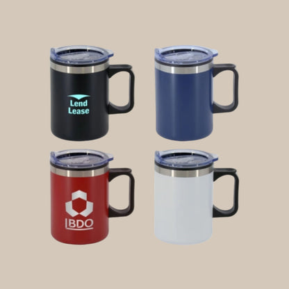 Four insulated travel mugs in black, blue, red, and white with visible branding on a white background.
