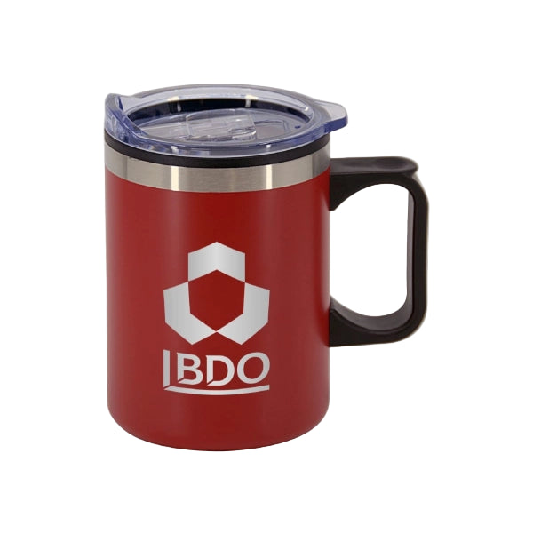 Red mug with a black handle and BDO logo on a white background