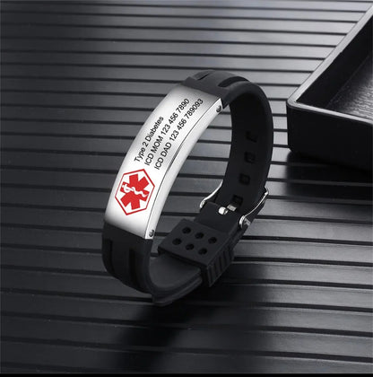 Black medical alert ID bracelet with Type 2 Diabetes engraving on a ribbed black surface