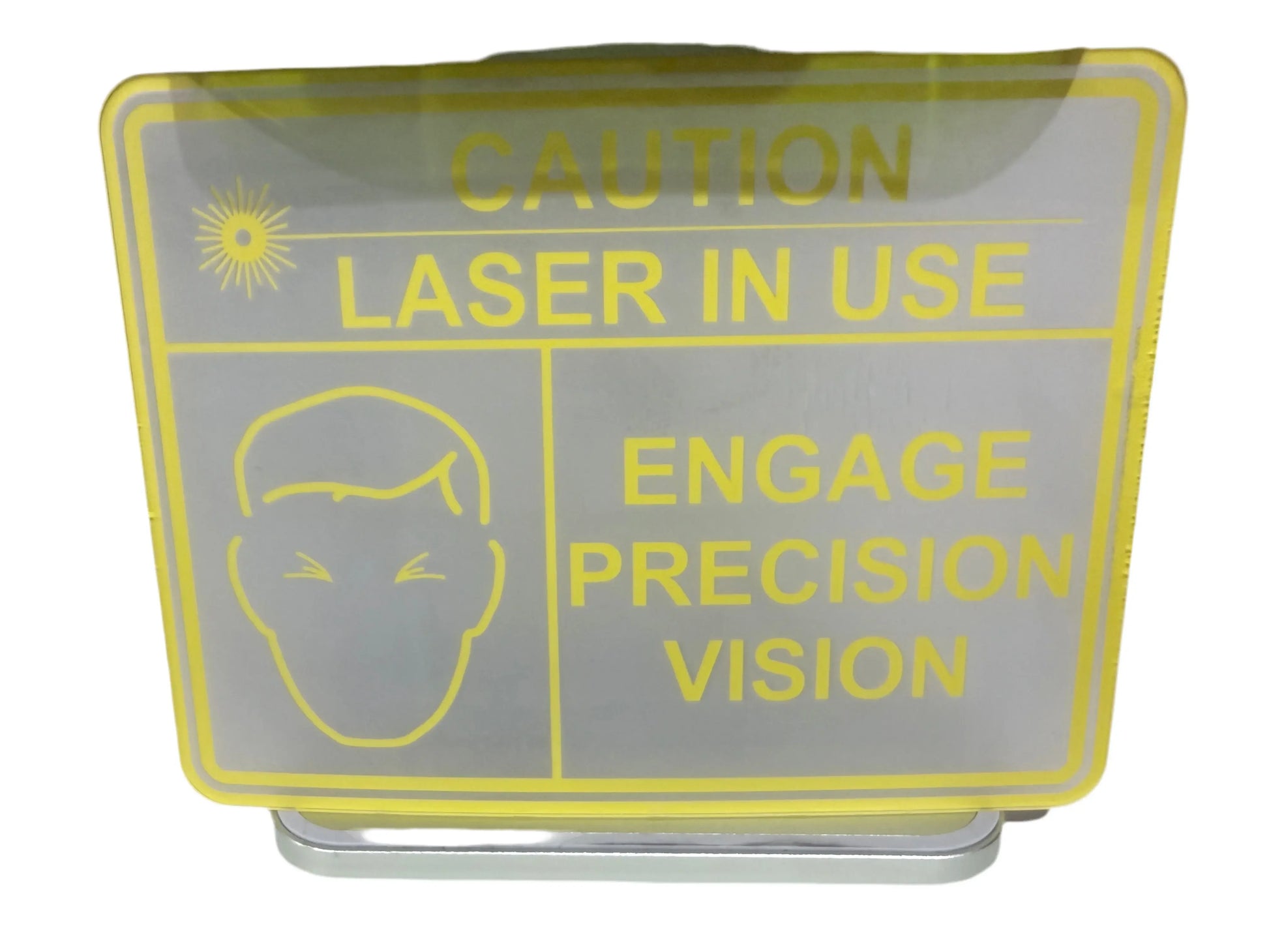 Caution laser in use sign with yellow text, face outline, and safety warning on gray background