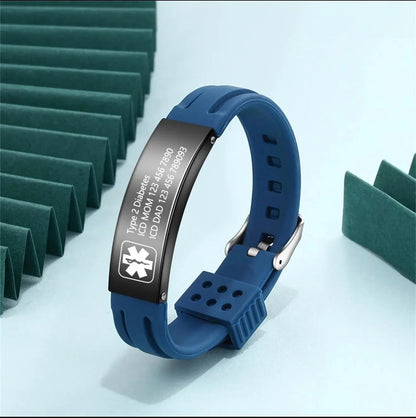 Custom Engraved Medical Alert Id Bracelet Silicone Band With Stainless Steel Plate