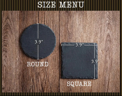 Round and square 3.9-inch black slate coasters on a wood background, size menu comparison.