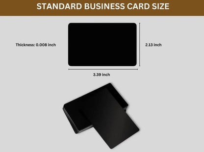 Standard business card size chart with black card, 3.39 x 2.13 inches, 0.008 inch thick