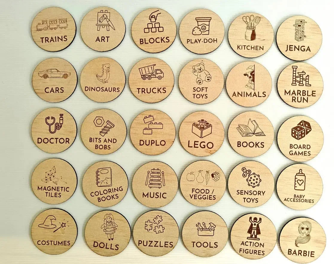 Wooden Toy Box Labels –Organisation Discs Personalised Gift personalised gift custom laser engraving