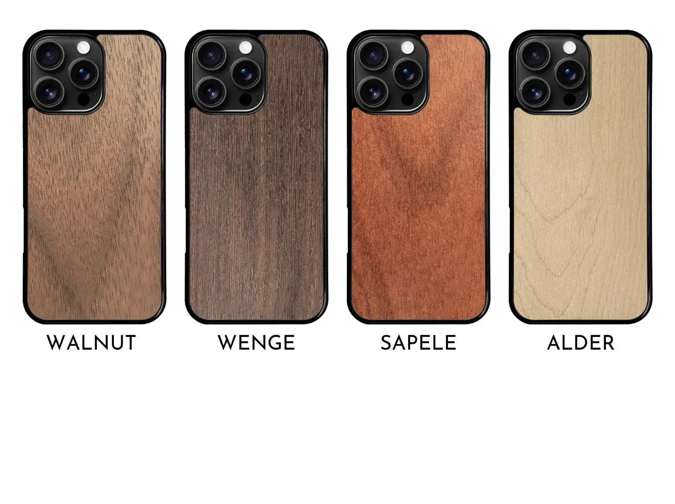 Four iPhone cases with wood finishes: walnut, wenge, sapele, and alder.
