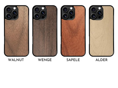 Four iPhone cases with wood finishes: walnut, wenge, sapele, and alder.