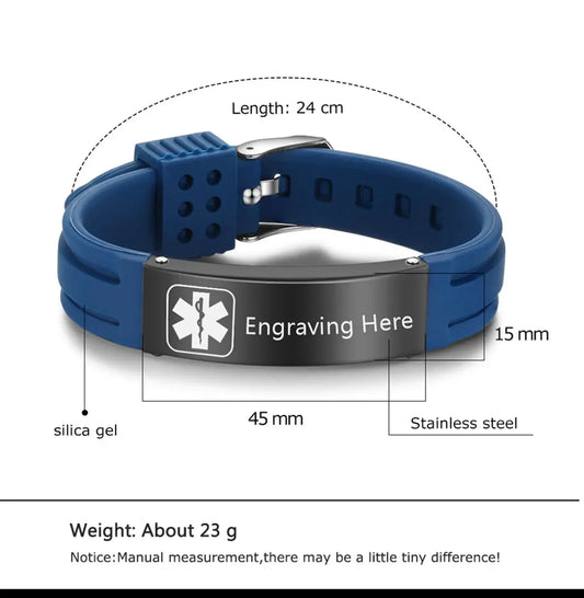 Blue silica gel medical alert ID bracelet with stainless steel engraving plate, 24cm length, 15mm width, 45mm plate.