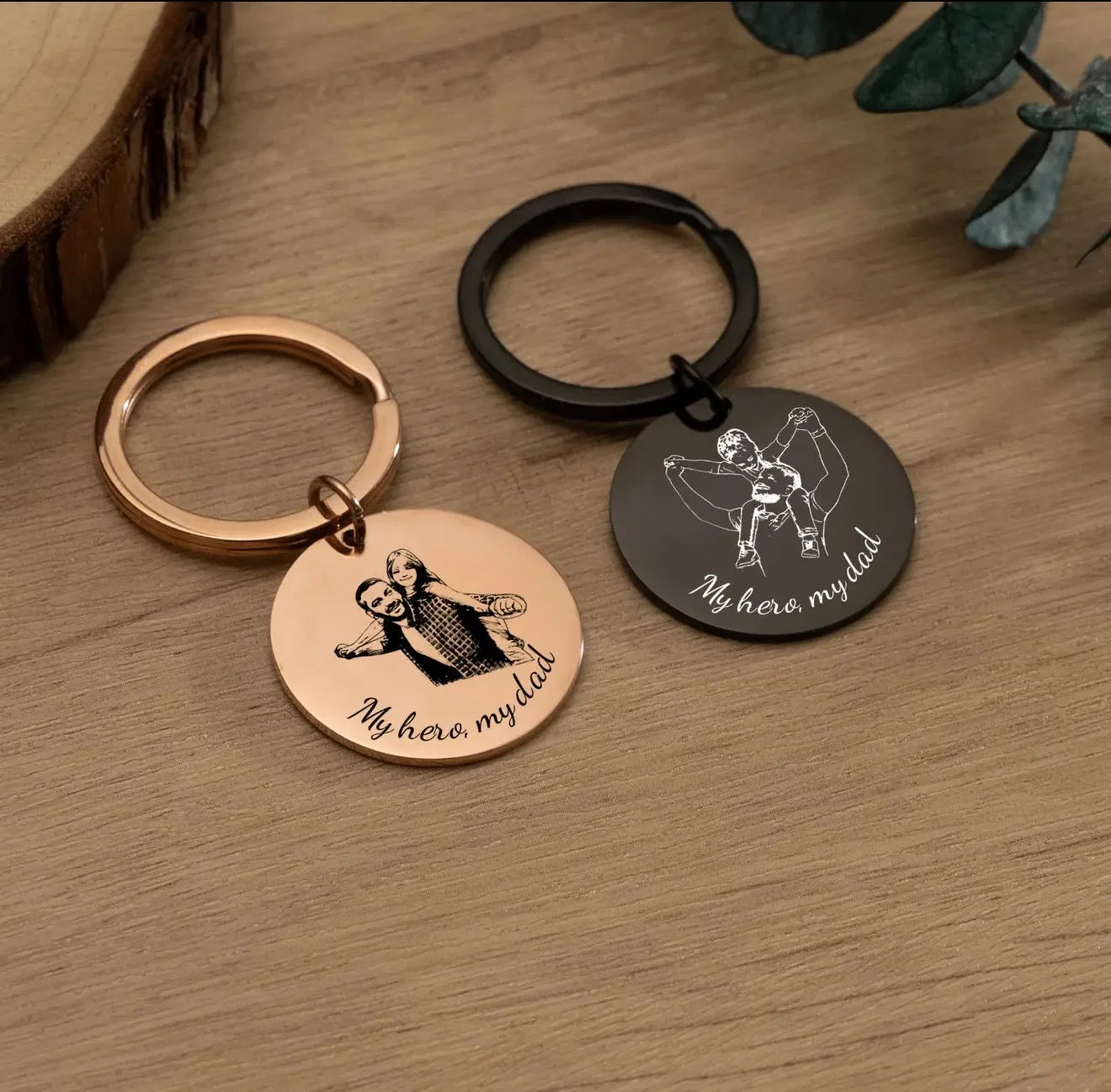 Personalized My hero my dad engraved keychains on wooden surface, gift for dad