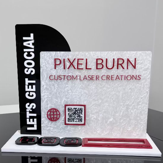 Pixel Burn custom laser creations social media display sign with QR code and icons