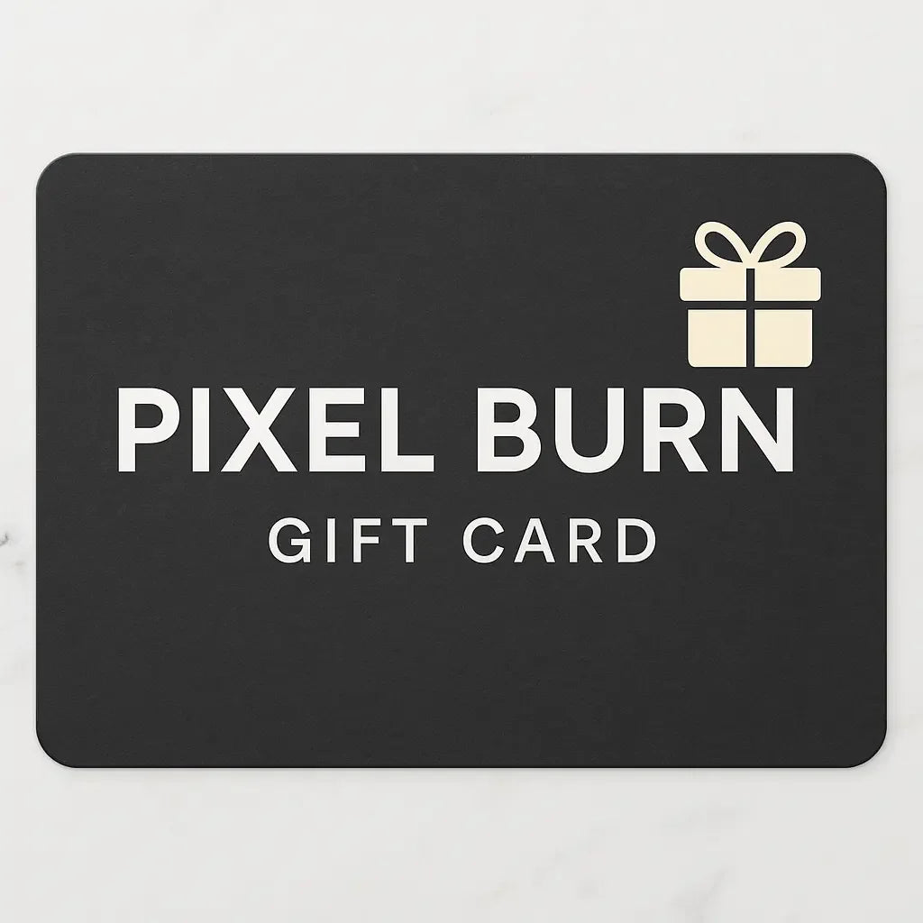 Pixel Burn gift card with white gift icon on black background