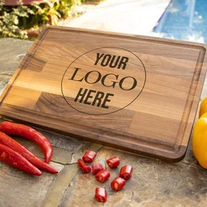 Personalized wooden cutting board with engraved your logo here, peppers and yellow bell pepper