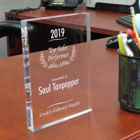 2019 Top Sales Performer award plaque on office desk, Cook's Culinary Supply