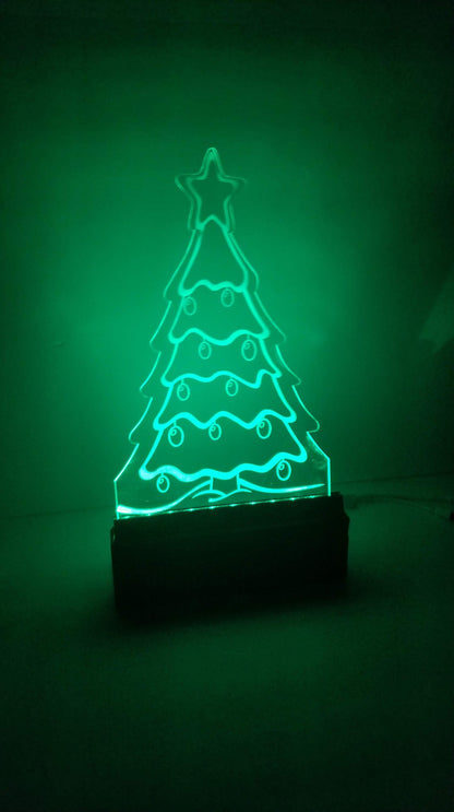 LED acrylic Christmas tree night light with star and ornaments glowing green