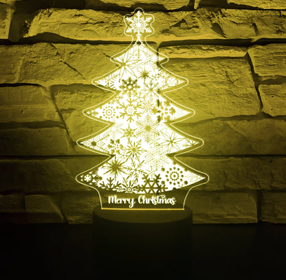 LED acrylic Christmas tree night light with snowflake patterns and Merry Christmas text