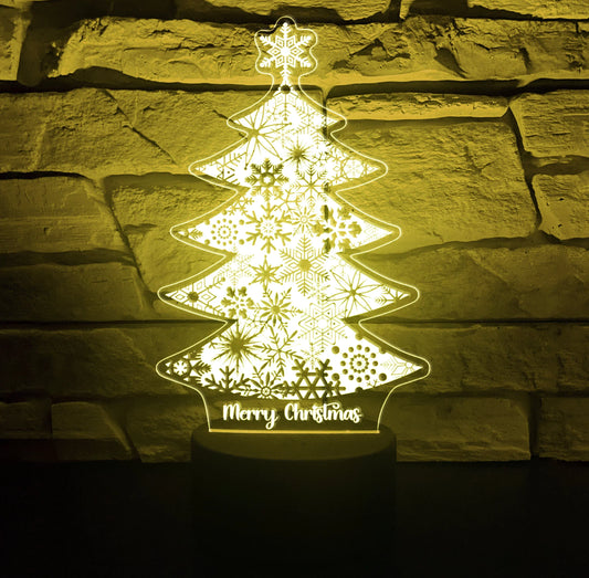 LED acrylic Christmas tree night light with snowflake patterns and Merry Christmas text