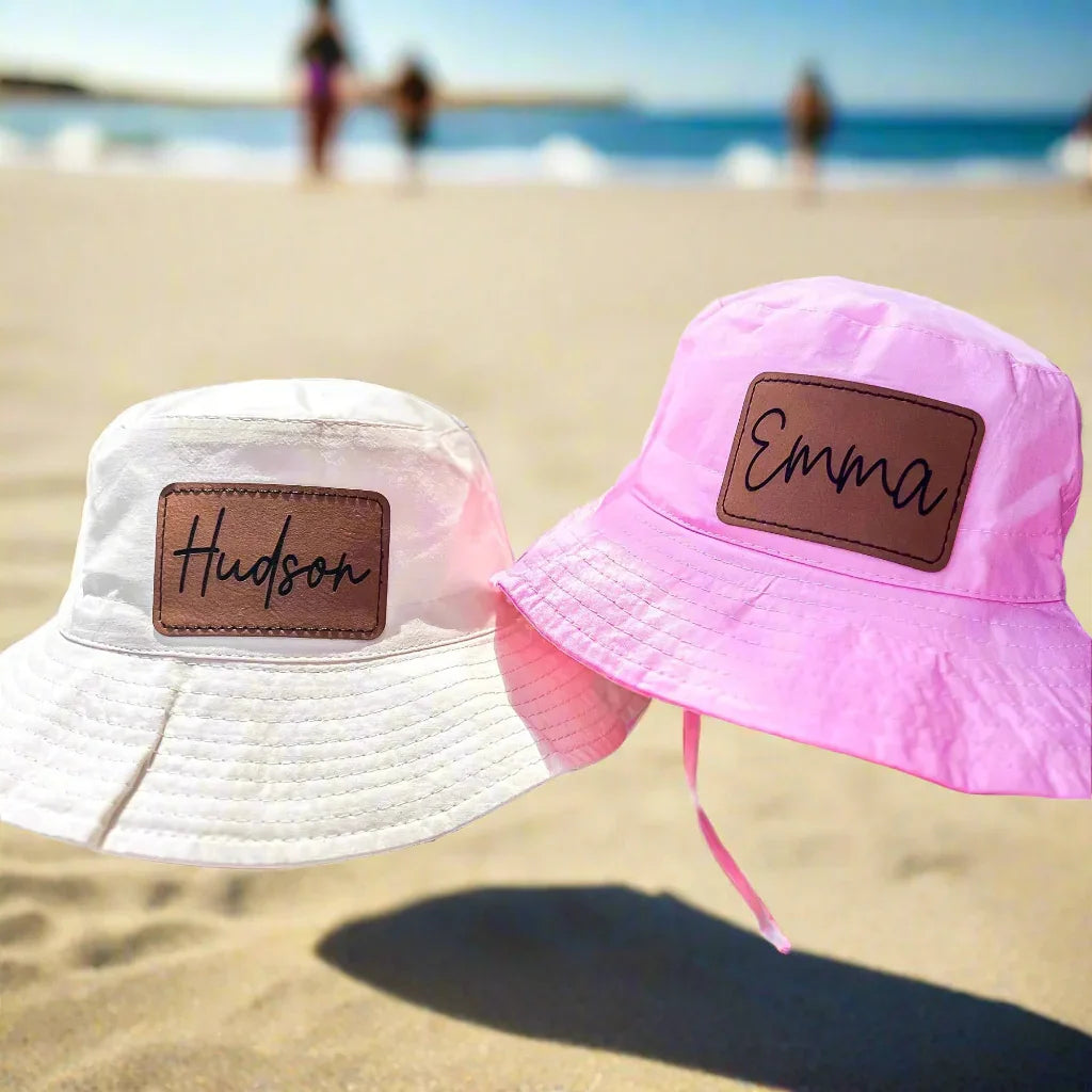Personalised Kids Bucket Hat – Custom Hat with Engraved Leather Patch personalised gift custom laser engraving