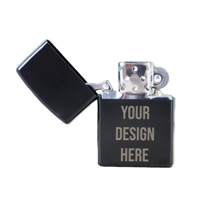 Black engraved lighter with open lid and customizable your design here text