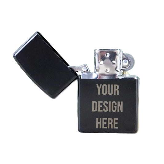 Black engraved lighter with open lid and customizable your design here text