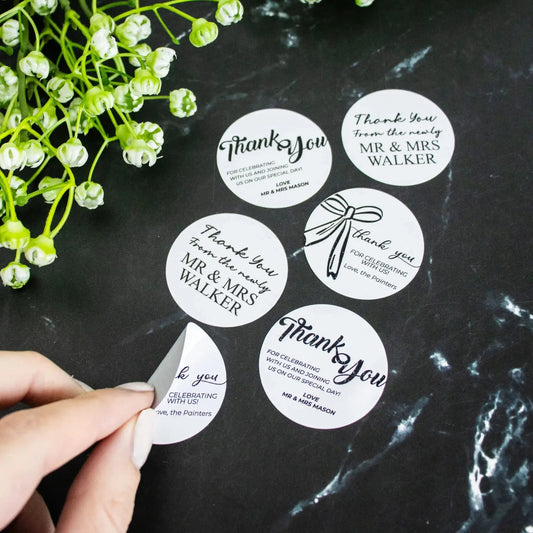 Laser Engraved Round Wedding & Thank You Sticker Sets personalised gift custom laser engraving