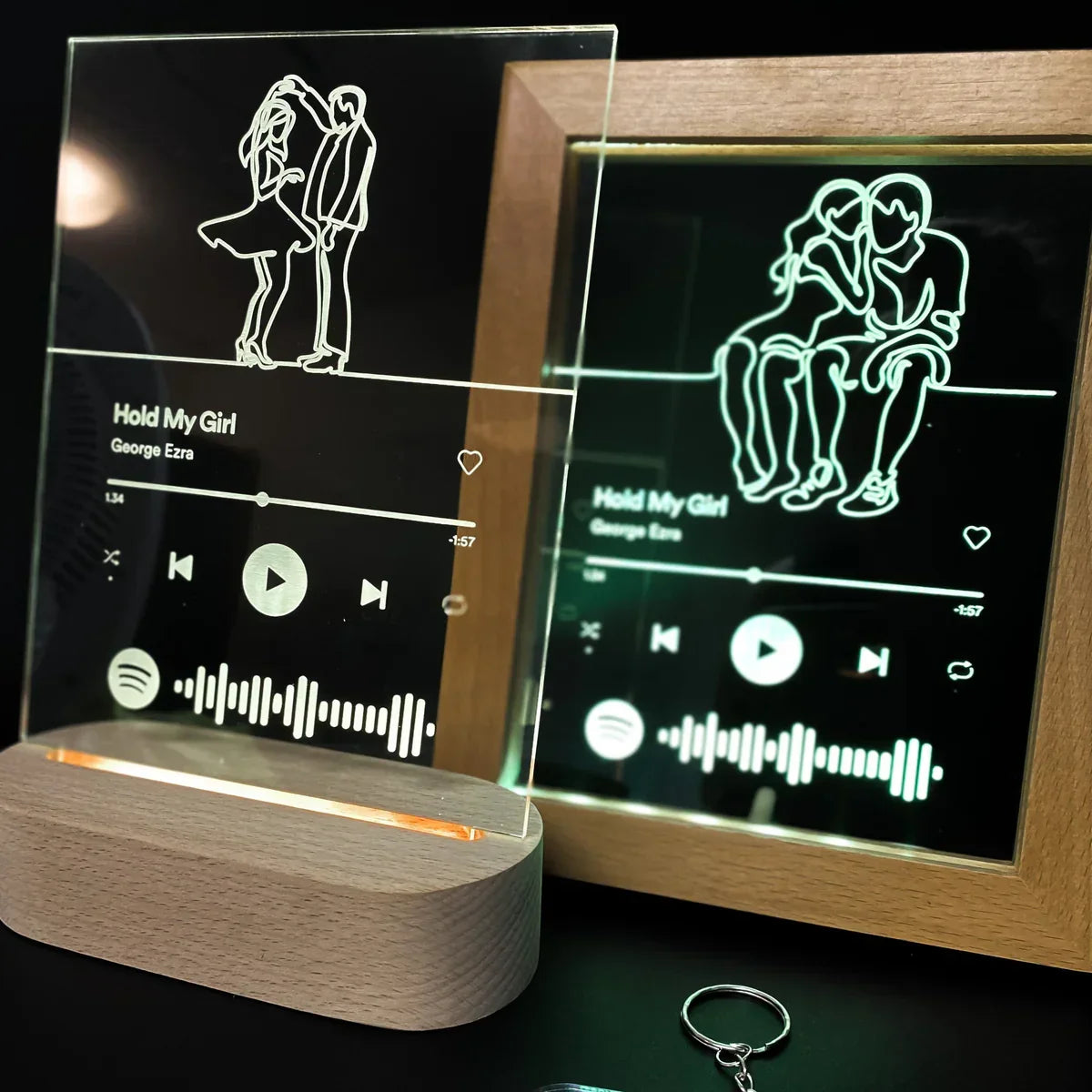 Personalized Spotify glass plaque with 'Hold My Girl' song, laser-etched couple illustration