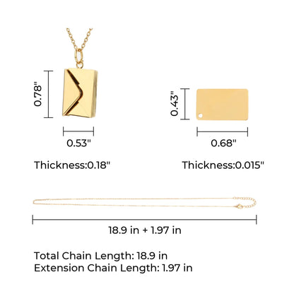 Gold necklace with measurements on a white background