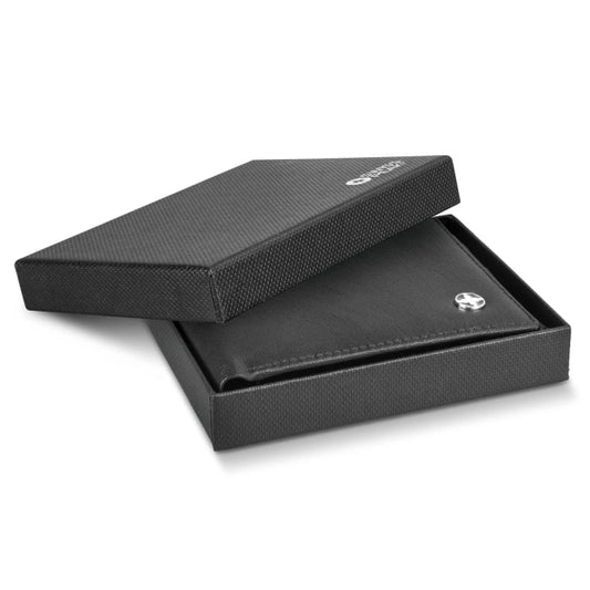 Black leather wallet with a brand logo in an open black box on a white background