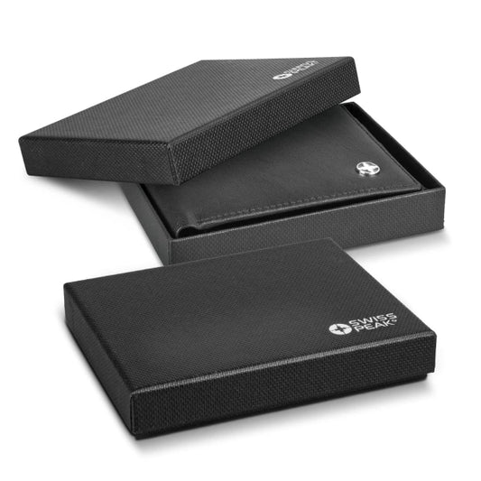Black wallet and box with 'Swiss Peak' branding on a white background