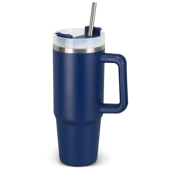 Blue insulated mug with handle and straw on a white background