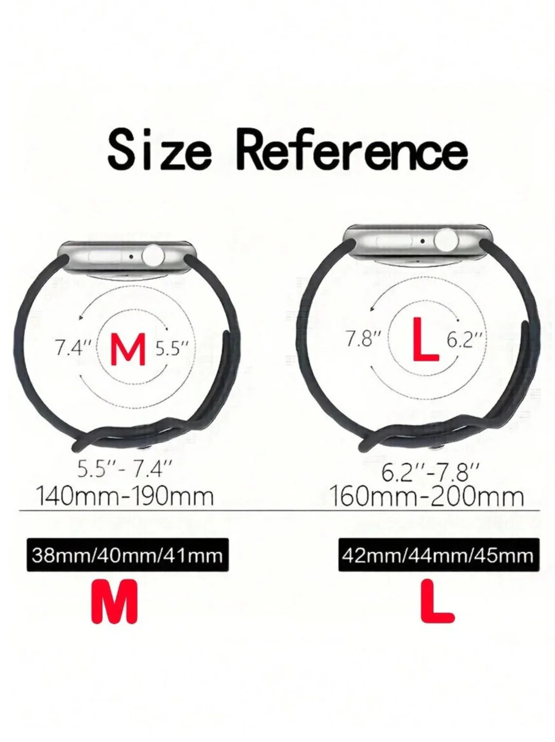 Apple Watch band size reference chart for M and L, compatible with 38-45mm models.