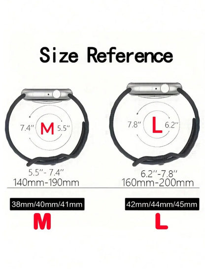 Apple Watch band size reference chart for M and L, compatible with 38-45mm models.